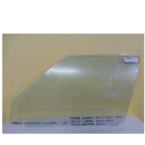 suitable for TOYOTA TERCEL AL20/AL21/AL25 - 1982 to 1988 - HATCH/WAGON - LEFT FRONT DOOR GLASS - 750mm LONG - (Second-hand)